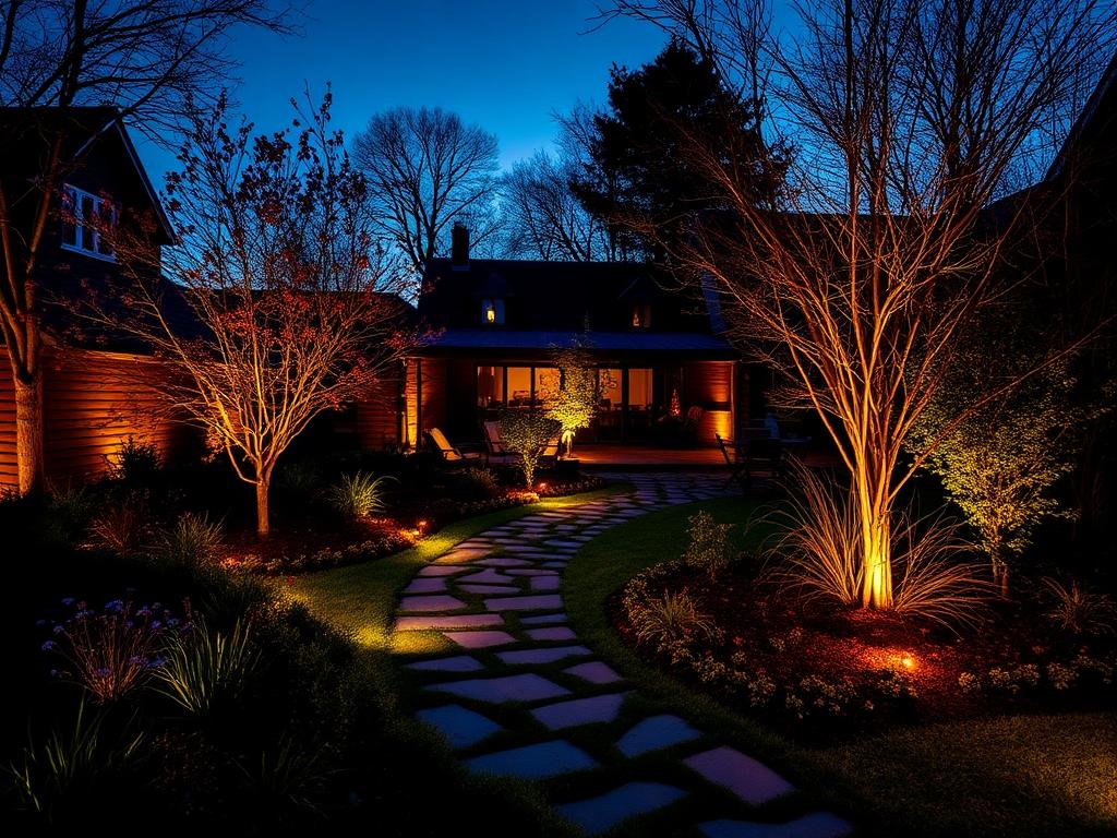 Verlichte tuin bij schemer
